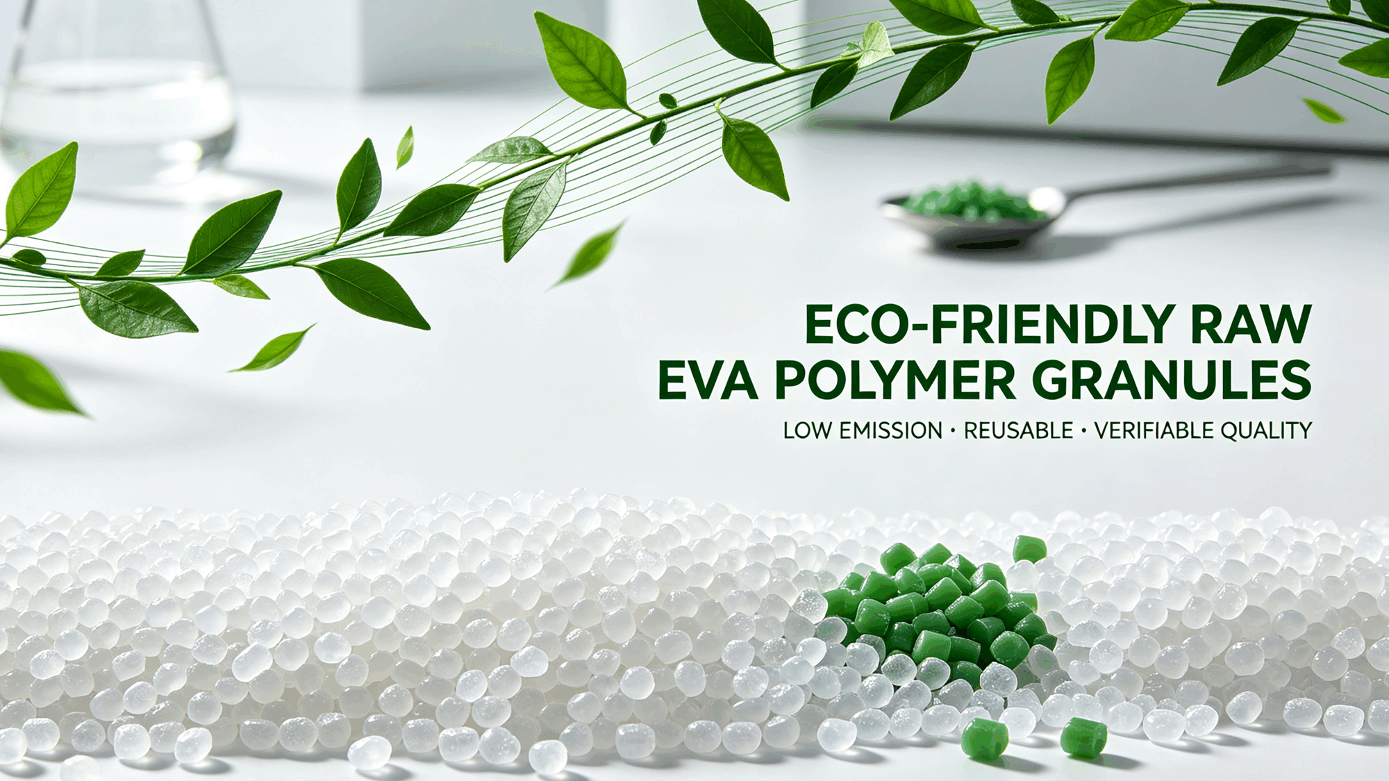 Eco-Friendly EVA Beach Bags: Meeting Modern Sustainability Standards | JoyMould 1 Eco-Friendly Raw EVA Polymer Granules with Green Leaf Banner