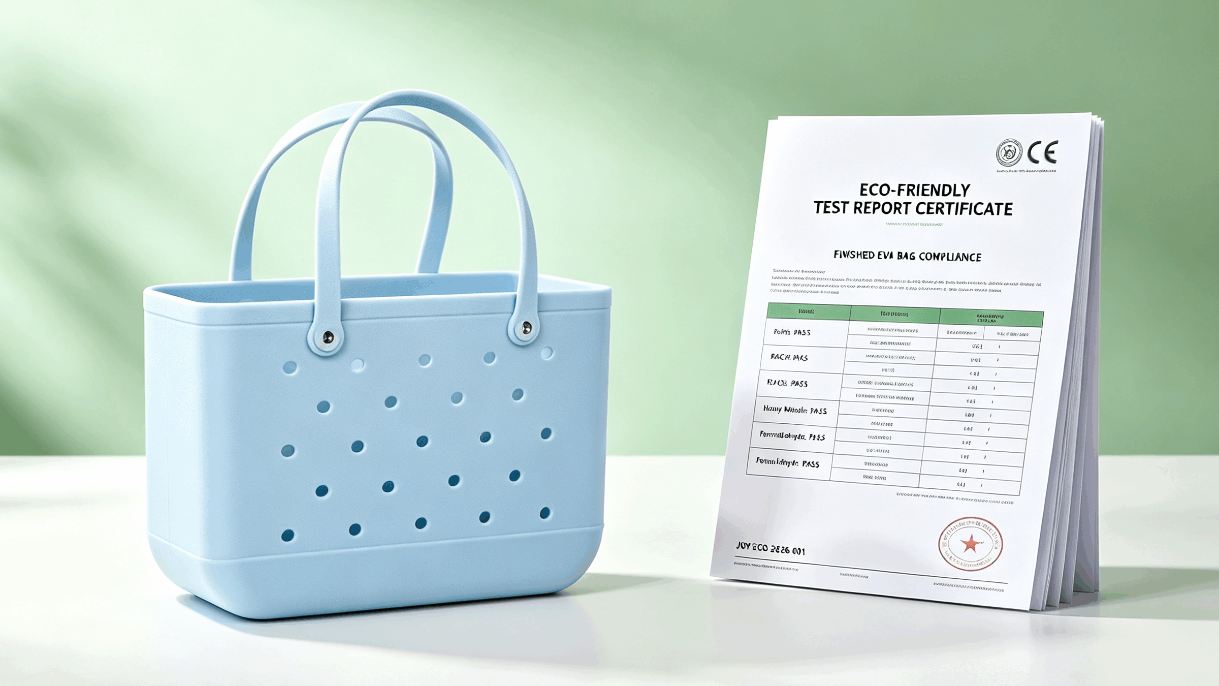 Eco-Friendly EVA Beach Bags: Meeting Modern Sustainability Standards | JoyMould 2 Eco-Friendly Test Report Certificate Next to Finished EVA Bags