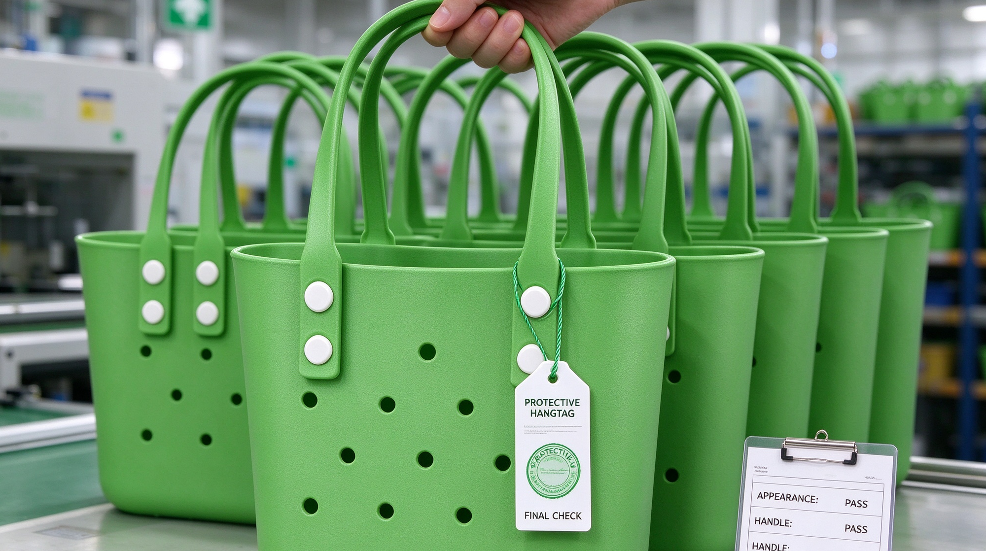 Quality Control Standards in EVA Injection Molding: A B2B Buyer’s Guide 3 Factory inspectors placing protective hangtags on finished EVA tote bags