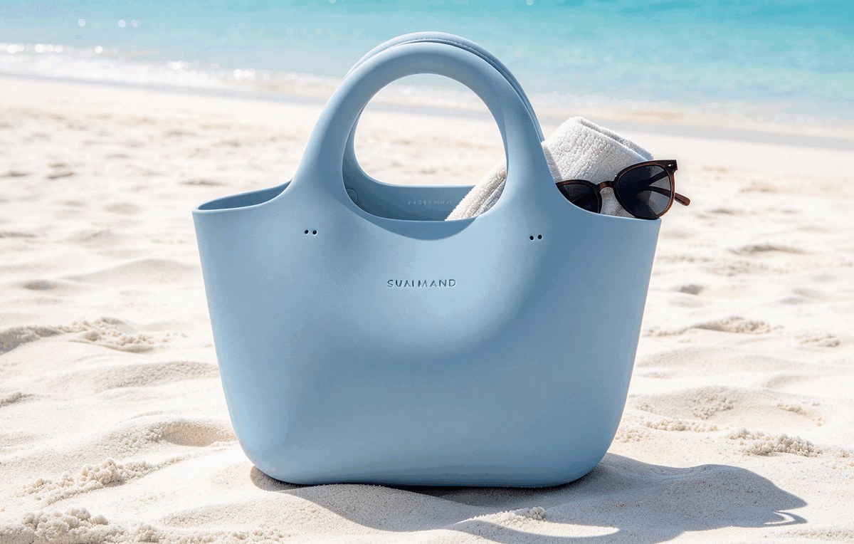Pastel blue EVA beach tote bag displayed on white sand with beach accessories for Amazon listing