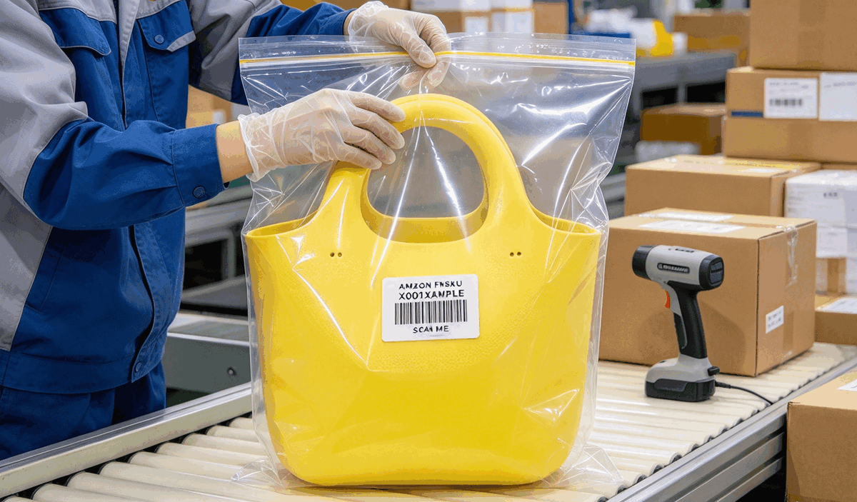 Factory line worker applying Amazon FNSKU barcode sticker onto protective polybag