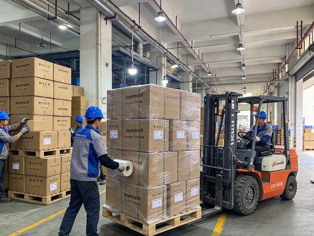 Packaging and Freight Optimization for High-Volume EVA Bag Shipments 2 Workers wrapping palletized master export cartons with protective film at factory loading bay